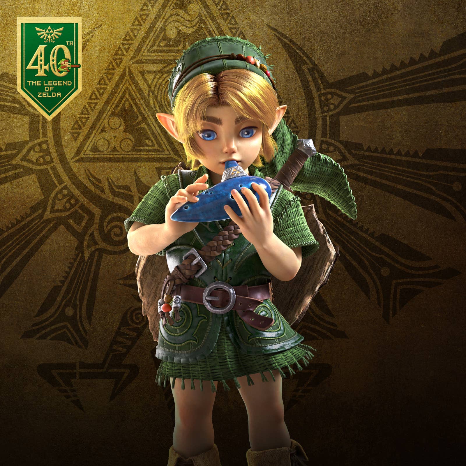 Elven-like child in green hood holds a blue ocarina, with golden tribal patterns in the background
